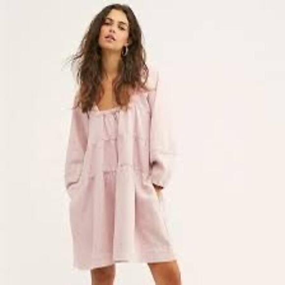 Free People Lou Jean Babydoll Denim Dress Pink Size Medium - Picture 1 of 8